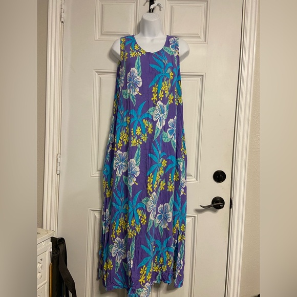 T19b- ISLA GIRL Purple-Blue Floral Maxi HAWAIIAN Dress - Picture 1 of 8